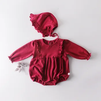 

Autumn Newborn Baby Cotton Long Sleeve Ruffles Jumpsuits Infant Girls Princess Party Bodysuits Kids Toddler Clothes with Hat