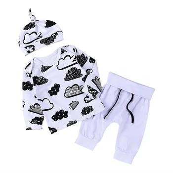 

3Pcs Infant Baby Boy Girl Clothes Set Cute Child Cloud Graffiti Suit + Hat Three Sets Two Colors