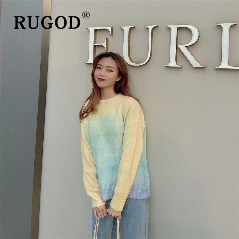 RUGOD, элегантный цветной свитер для женщин, мода, круглый вырез, длинный рукав, ВЯЗАННЫЙ ПУЛОВЕР, зимний теплый свитер