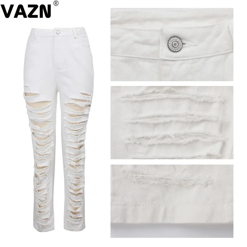 VAZN GHSF12029 рисовых цветов джинсы с бахромой Повседневный рваный деним брюки женские джинсы, брюки широкие длинные джинсовые брюки