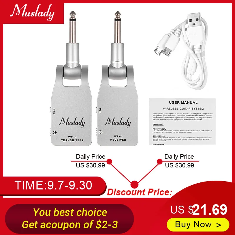 

Muslady 2.4G Wireless Guitar System Transmitter & Receiver Built-in Rechargeable Lithium Battery 30M Transmission Range