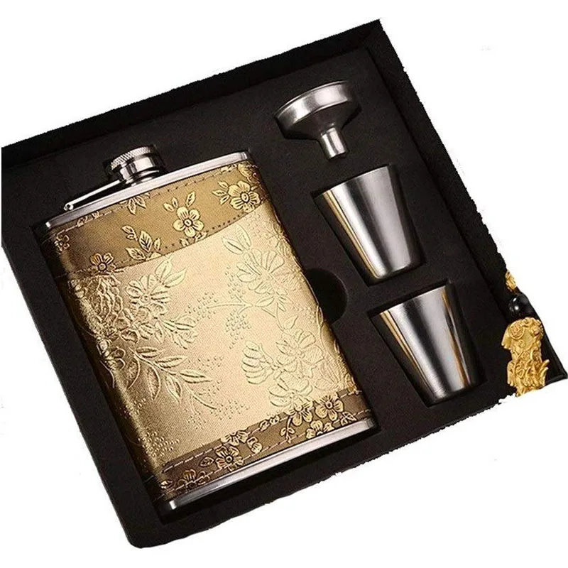 8oz Stainless Steel Hip Flask Leather and Stitched Design 4146 Black Gift Box 