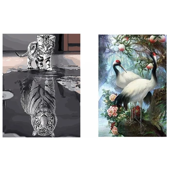 

2 Set Diamond Painting Cross Stitch Animal 5D Diy Full Round Diamond Needlework Two cranes & Cat Tiger