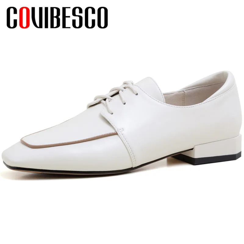

COVIBESCO 2020 Fashion New Arrival Women Pumps Cow Leather Spring Autumn Casual Square Toe Lace up Square Heeled Shoes Women