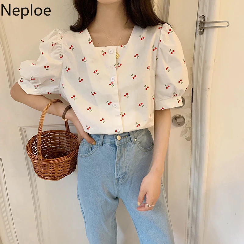 Neploe Vintage Print Cherry Women Blouses Square Collar Sweet Puff Sleeve Shirt Loose All-match Summer White Blouse Tops Female white blouse for women