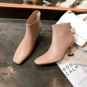 

Genuine Leather square Toe Thin High Heel Ankle Boots Winter Boots for Women Classic Chelsea Ladies Shoes