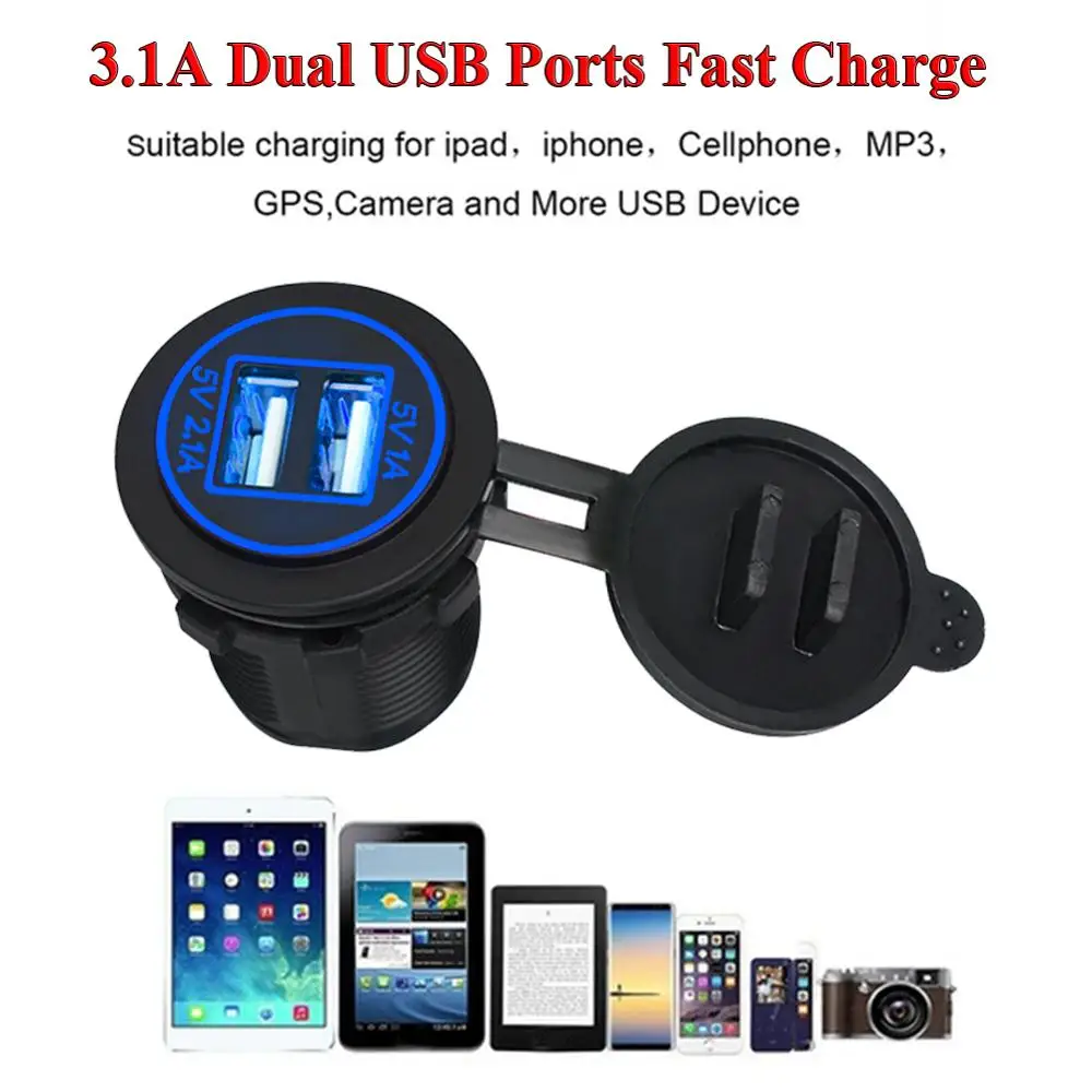 

12V-24V Car Cigarette Lighter Socket 1A/2.1A Dual USB Port Charger Power Outlet Blue LED Voltmeter 3.1A Charging Car Charger