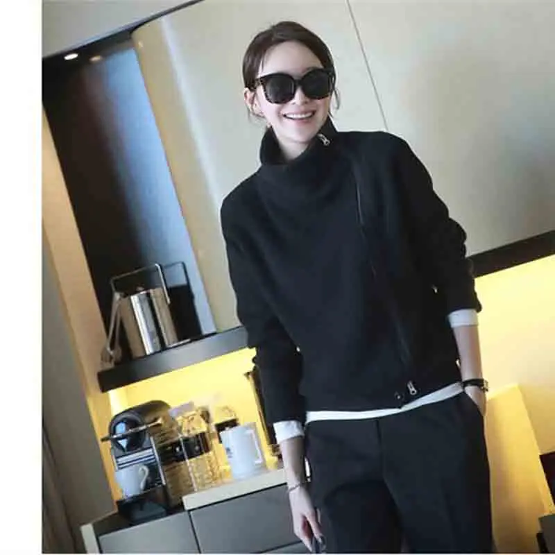 Best Price Loose Turtleneck Female Sweater Ladies' Solid Sweater Zipper Knitting Cardigans Coat
