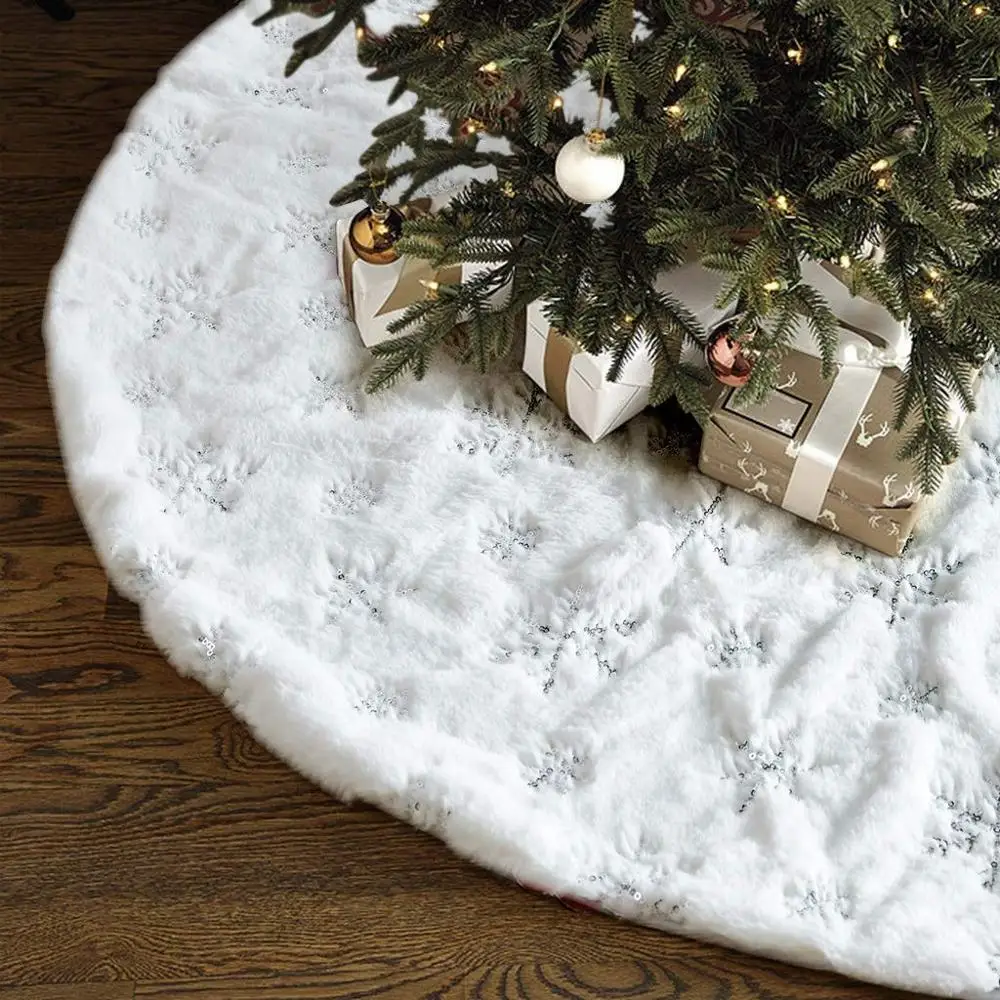 

122cm White Plush Christmas Tree Skirt Carpet Xmas Snowflake Embroidery Christmas Tree Aprons Decorations For Home New Year Gift