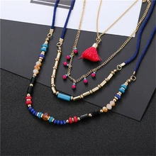 

Bohemian Women's Multilayer Woven Red Tassel Necklace Ethnic Colorful Beads Long Pendants Choker Boho Summer Holiday Jewelry