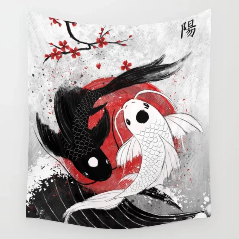 Koi Fish Yin Yang Wall Tapestry Cover Beach Towel Throw Blanket Picnic Yoga Mat Japanese Style Tapestries Home Decoration | Дом и сад