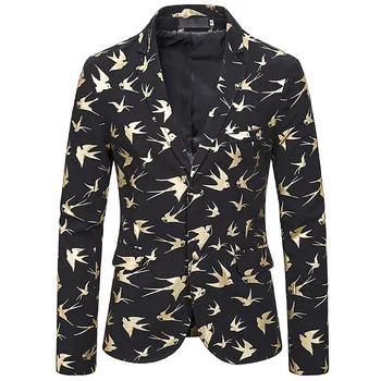 

Men's Dress Gold Fly Bird Print Party Suit Jacket Notched Lapel Slim Fit Two Button Stylish Blazer Men Wedding Stage Costumes