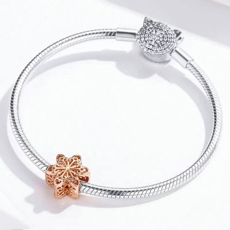 MOWIMO Real 925 Sterling Silver Snowflakes Charms Rose Gold Beads Fit Original Pandora Bracelets Pendant Luxury Jewelry BKC719-C