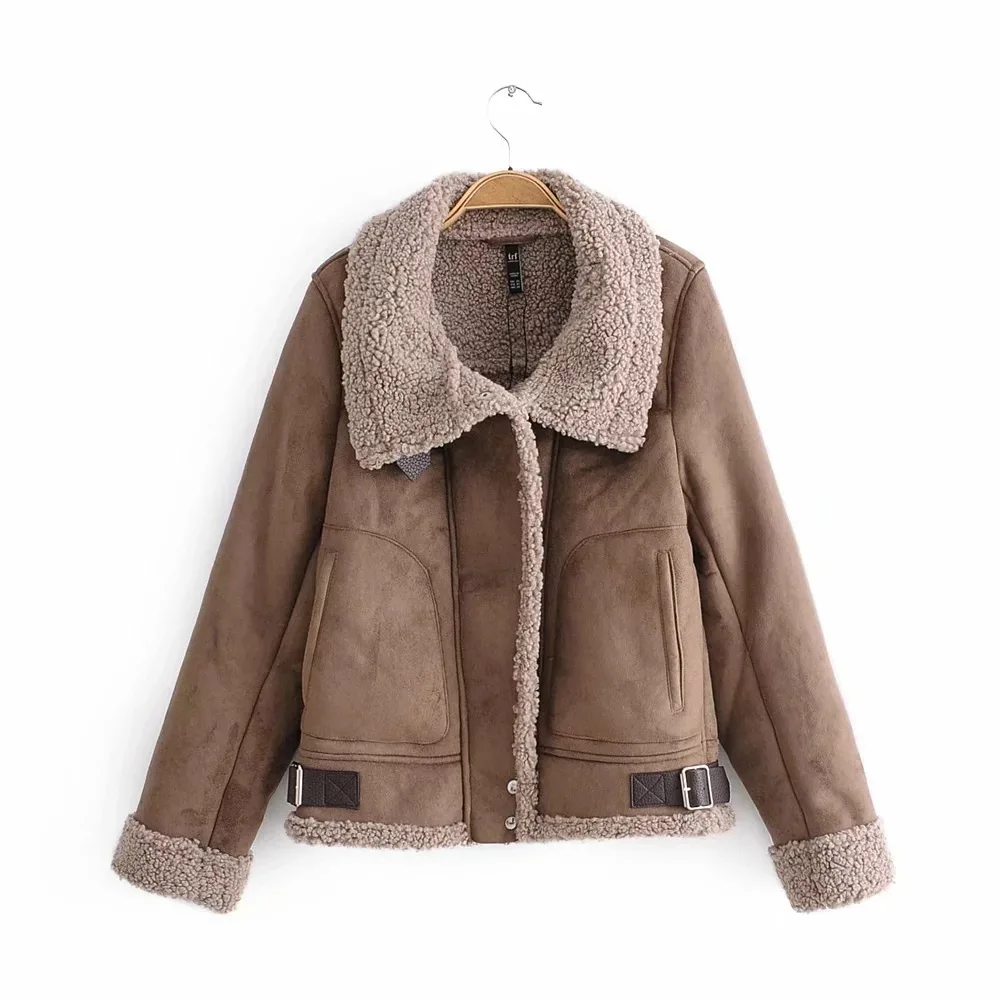 

female Suede jacket Imitation lamb hair lapel with fur Autumn And Winter with a zipper woman's coat bomber jacket W1023