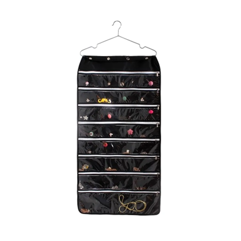 Black Подвесной органайзер для ювелирных изделий сумка(56-Pockets) Двухсторонняя, плотная ткань Оксфорд, хранение на молнии, прозрачный пластиковый из пвх шкаф для ювелирных изделий - Цвет: Black