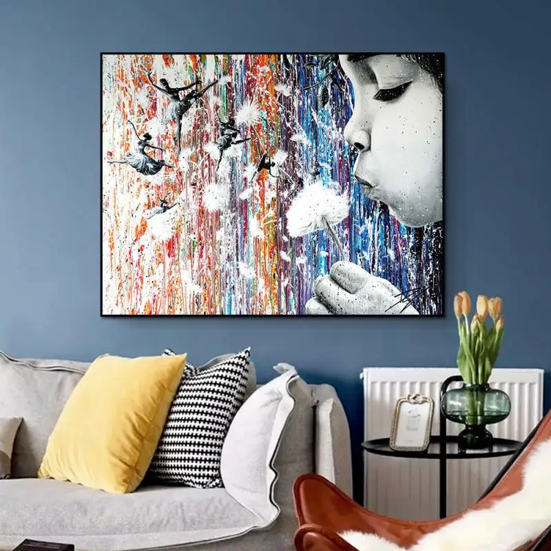 

Modern Street Graffiti Art Poster Child Portrait Dandelion Ballerina Abstract Retro Canvas Painting Home Decoration Living Room