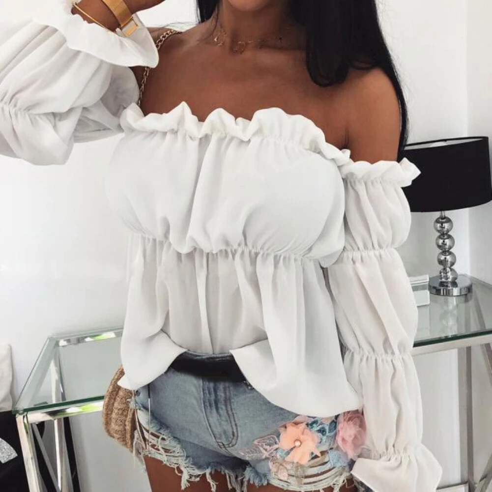 Women Blouse Solid Color Long Sleeve Lace Off Shoulder Ruffled Edges Short Blouse Shirt Ladies Top Clothing блузка женская 2020 blouses & shirts