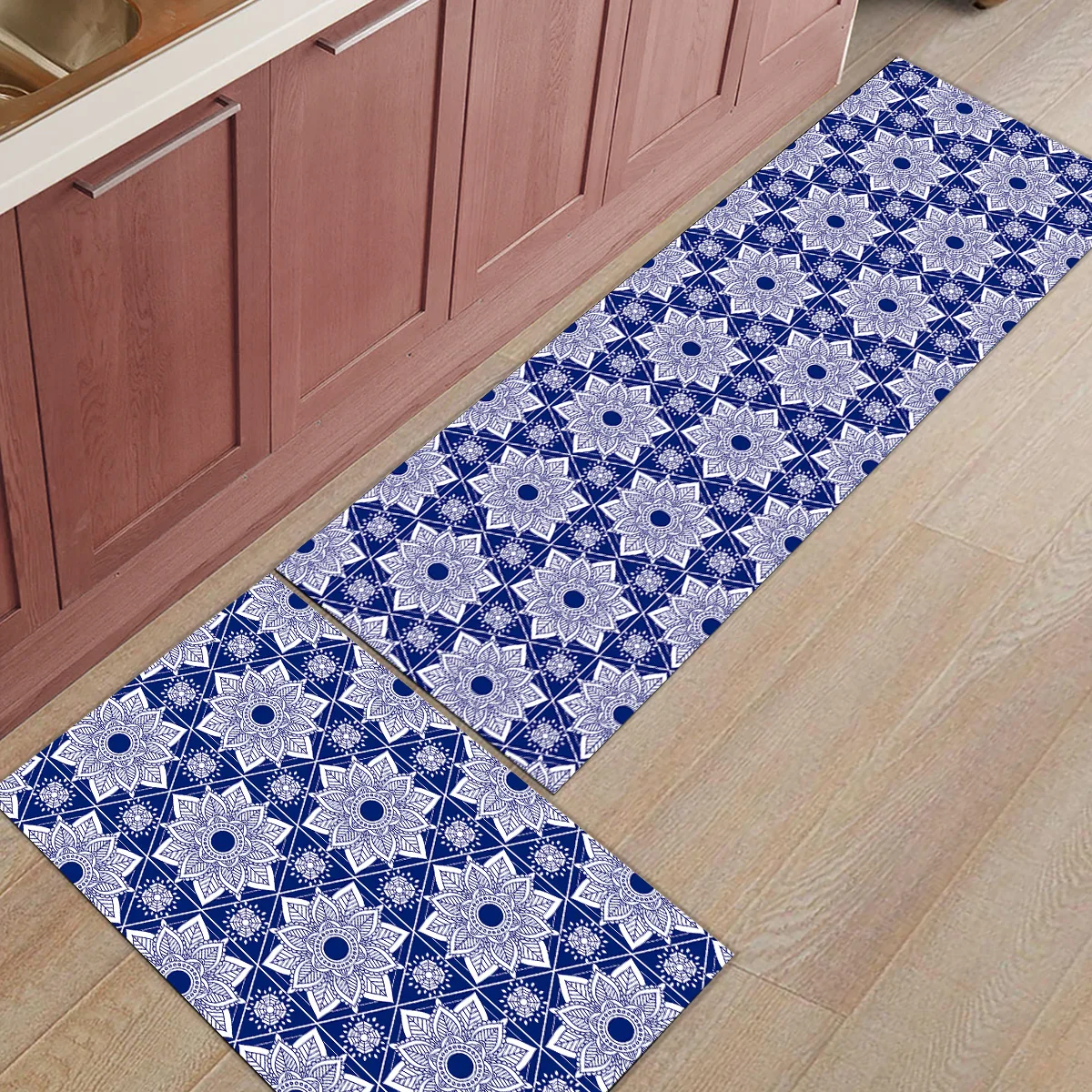 Navy Blue Mandala 2 Piece Mat For Kitchen Under A Pet Water Food Bowl Doormats Entrance Way Dirt Debris Mud Trapper Boot | Дом и сад