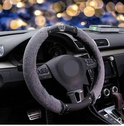 Универсальный Зимний плюшевый Меховой чехол рулевого колеса автомобиля Bling Стразы Корона нескользящий защитный чехол для рулевого колеса для женщин - Название цвета: Серый
