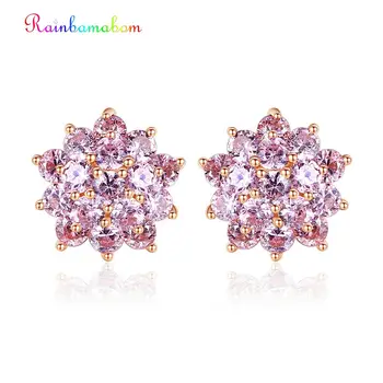 

Rainbamabom Trendy 925 Solid Sterling Silver Pink Sapphire Gemstone Flower Earrings Ear Studs Wedding Fine Jewelry Wholesale