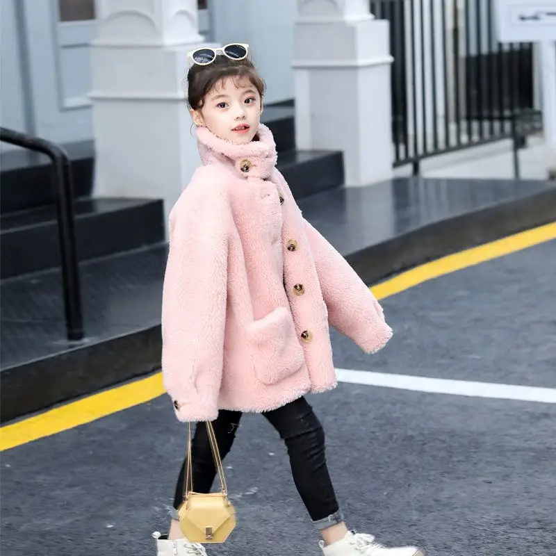 Г., новая осенне-зимняя детская оторочка из овечьей шерсти для девочек, пальто, куртки теплая плотная верхняя одежда из натуральной шерсти для девочек N67 - Цвет: Розовый