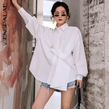 

SHENGPALAE Spring 2020 New Japan Korean Fashion Chic Style Full Rivet Solid Lantern Sleeve Fashion High Street Shirt FQ387