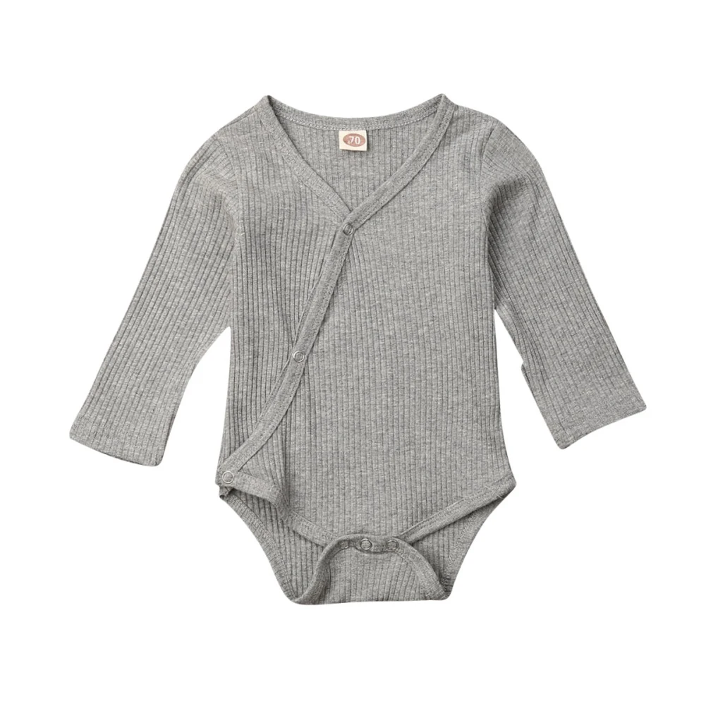 Цельнокроеная Одежда для новорожденных мальчиков и девочек Комбинезон сплошного цвета с кнопками, комбинезон с v-образным вырезом, одежда для детей от 0 до 24 месяцев - Цвет: Серый