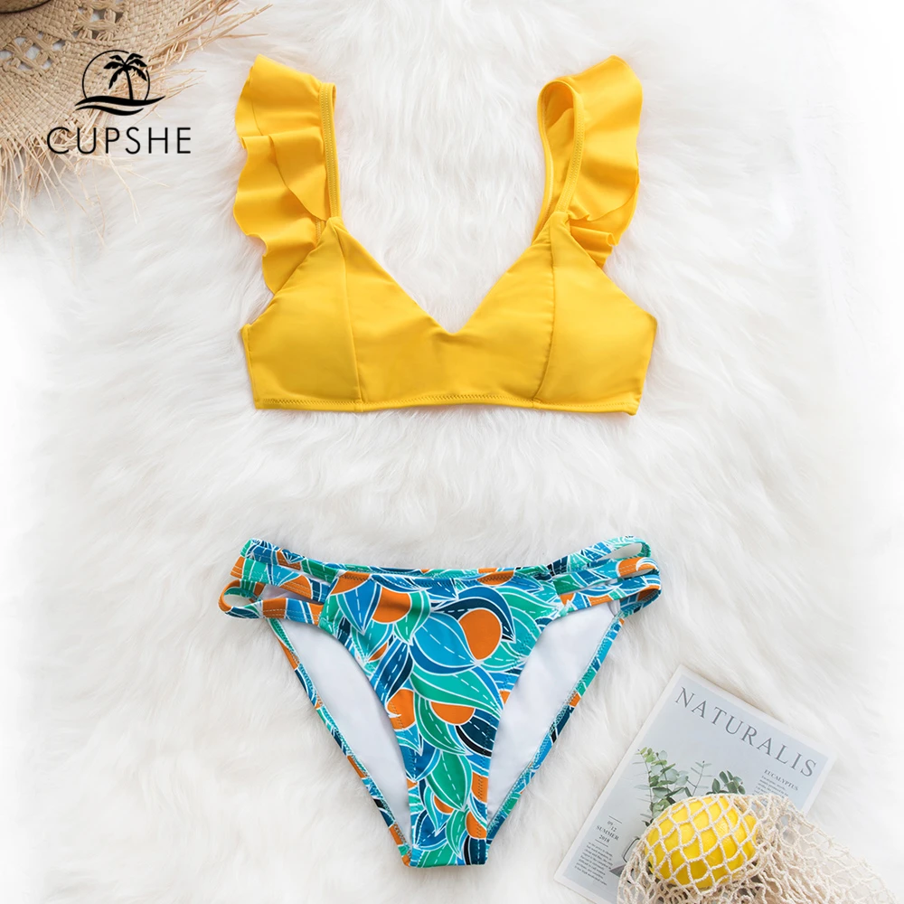 CUPSHE желтый и клементин печати Бикини Набор для женщин сексуальные оборки купальники с v-образным вырезом купальник из двух частей пляжные купальные костюмы