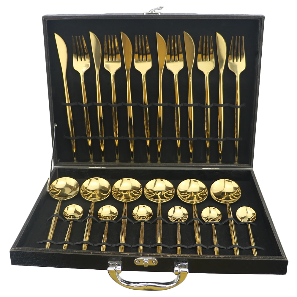 Luxury Cutlery Set Gold Dinnerware Set 18/10 Stainless Steel Tableware Fork Knife Spoon Dinner Set Kitchen Silverware With Box - Цвет: 24Pcs Gold