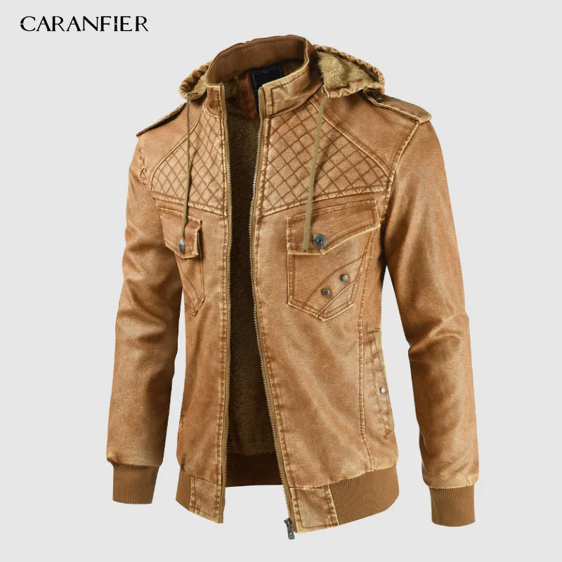 CARANFIER мужские Куртки из искусственной кожи ветровка мотоциклетная искусственная кожа пальто мужские шерстяные льняные Качественные куртки с капюшоном новое поступление
