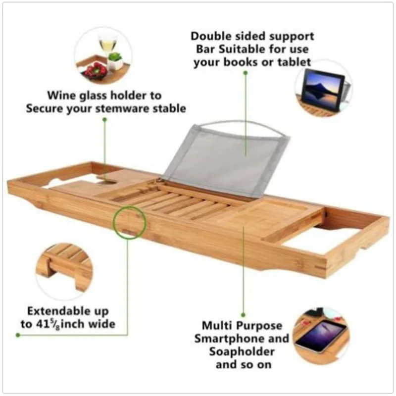 Bamboo Bath Tub Shelf Rack Multi-purpose Bathtub Board Tablet Mobile Phone Stand with Extending Sides Bathroom Bath Caddy Tray