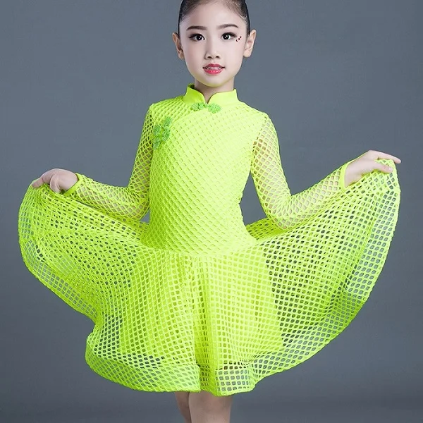 Green long sleeve Классический костюм для латинских танцев для девочек детские сетчатые платья с длинными рукавами для соревнований дети бальный танцы Сальса тренировочная одежда DL4266 - Цвет: Green long sleeve