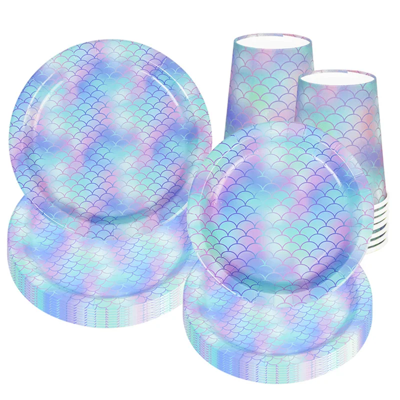 Juego de vajilla desechable para fiesta de sirena, platos de vasos de papel para niños, decoraciones para fiesta de cumpleaños, globos de sirena, recuerdos para Baby Shower