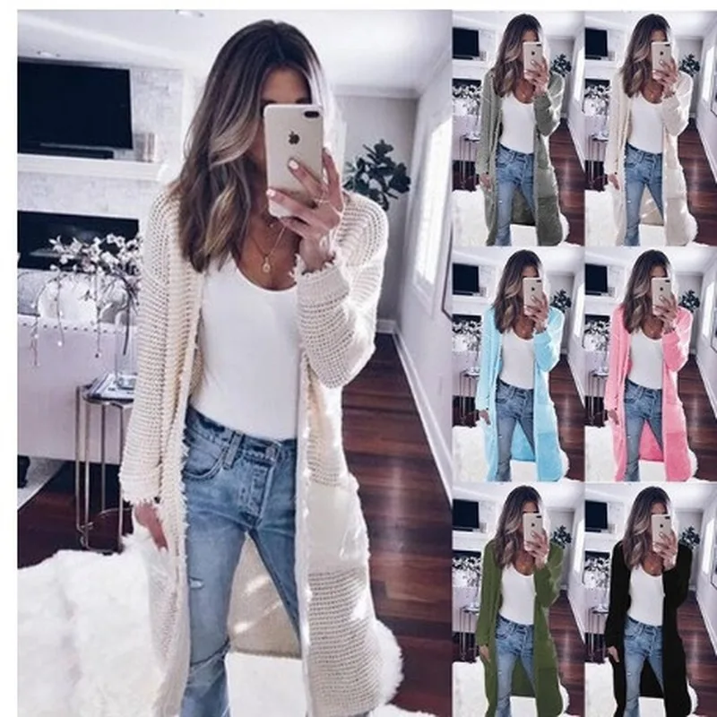 

2019 Women Autumn and Winter Cardigan Coat Long Sleeved Cardigans Pointelle Cozy Sweater Clothes Women S-XL