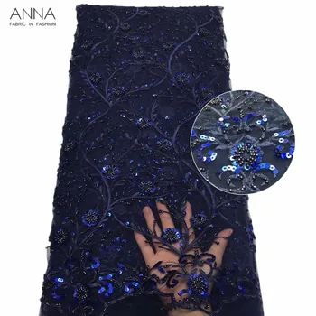

Anna african navy blue sequin lace fabric 2020 high quality handmade bead embroidered net laces fabrics 5 yards/piece for sewing