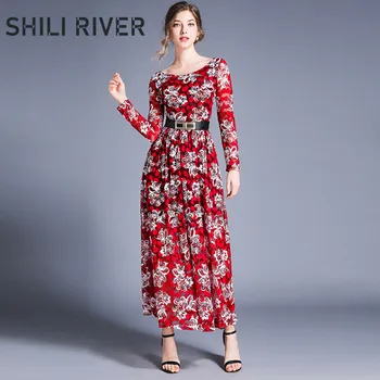 

2020 spring autumn long dress for women long sleeve slim casual lace elegant flower floral embroidery pleated dresses belt red