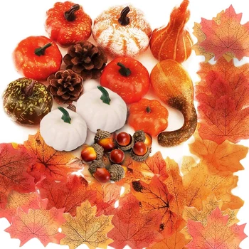 

86pcs Durable Artificial Fruits Pumpkins Table Decor Simulation Gourd Maple Leaf Pine Cones for Fall Thanksgiving Festival