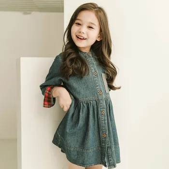 

6-12 years children clothes Baby girls autumn Korean girl clothes Cotton long sleeve denim dress pocket skirt bottoming dress