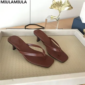 

MIULAMIULA Brand Designers 2020 Summer Luxury Square Toe Good Leather Sexy Kitten Heels Lady Pumps Mules Flip Flops Beach Shoes