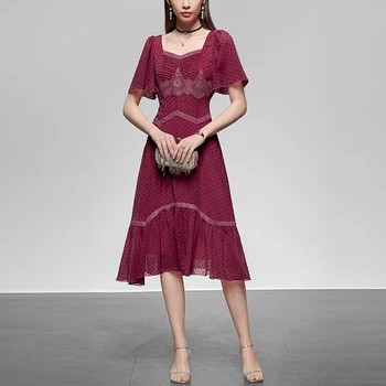 

Seifrmann Fashion Designer Vintage Dress Ladies Square Collar Lantern Sleeve Lace Chiffon Summer Women Casual Midi Dresses
