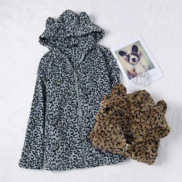 Celmia Winter Warm Coats Women Leopard Print Jackets Hoodies Casual Loose Long Sleeve Zip Hooded Teddy Coats Plus Size Outerwear