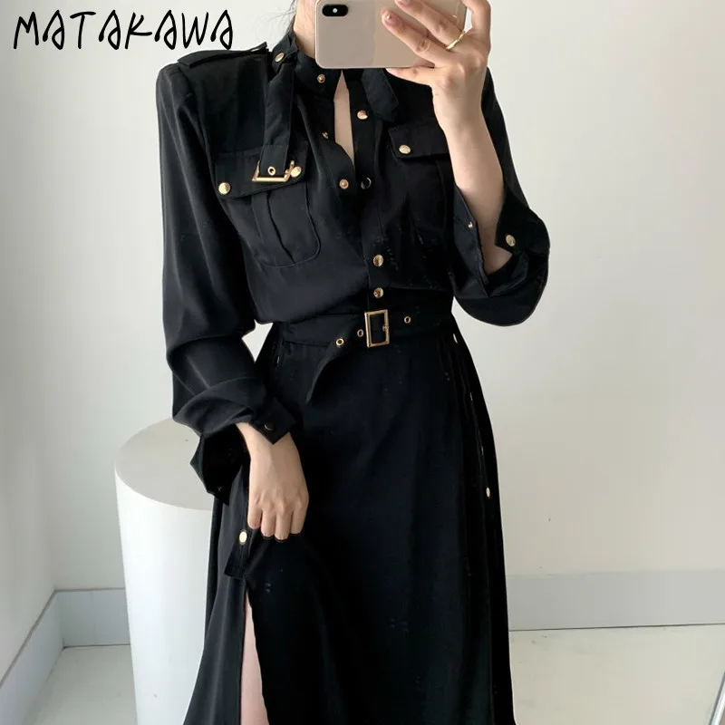 MATAKAWA Lace-up Waist Slit Tooling Long Women Dress Korean Chic Temperament Elegant Lapel Pocket Decorative Dresses Female | Женская