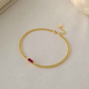 

Authentic 925 Sterling silver Red Garnet Flat Chain Bracelet adjust Women's TLS245