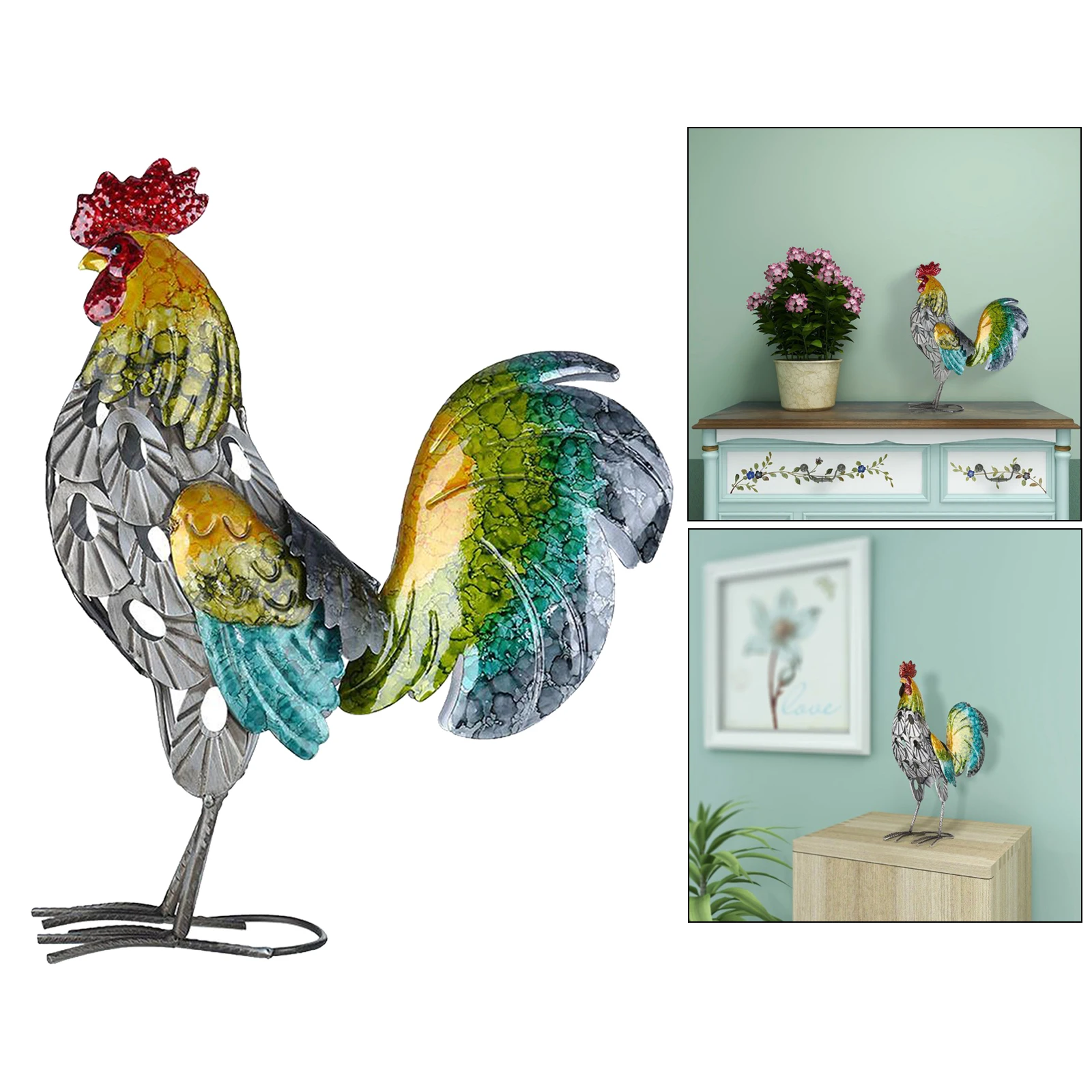 Painted Cast Metal Rooster Sculpture Animals Crafts Art Collections Living Room Table Decoration Accessory