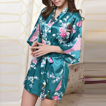 

Femme Robe With Belt Satin Nightdress For Women Nightwear Sleepwear Flower Print Pijamas Women Sexy