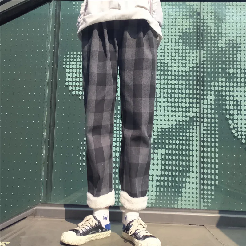 Зимние толстые теплые клетчатые штаны корейский стиль Harajuku Флисовые женские длинные брюки Винтажные эластичные талии повседневные Прямые брюки