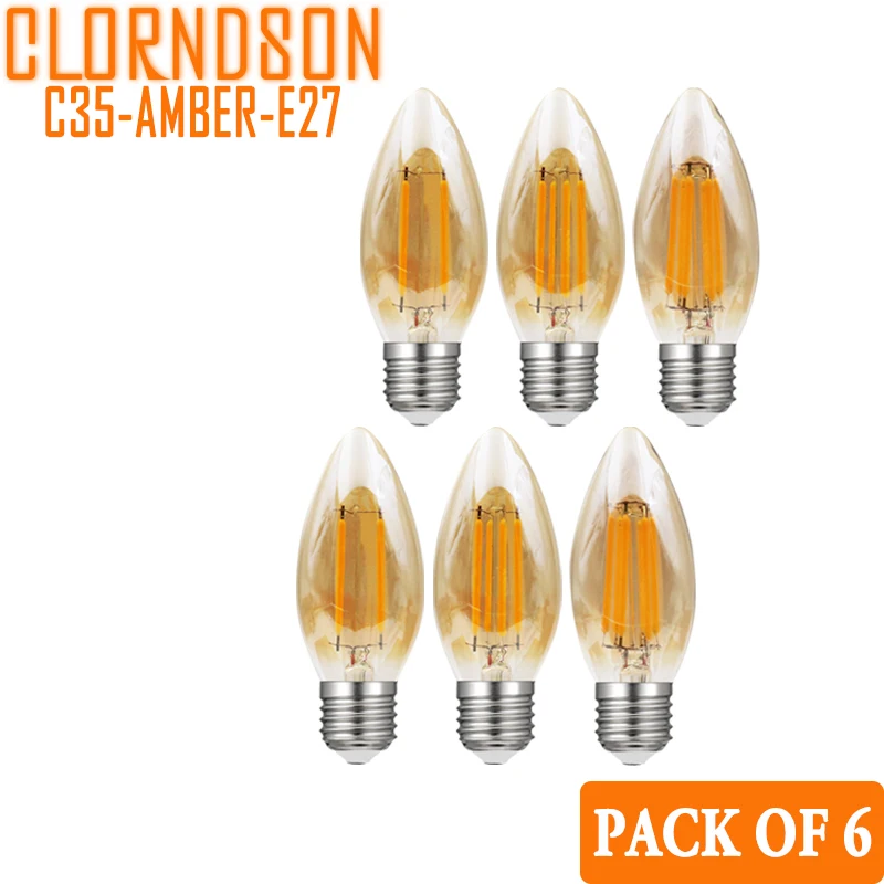 Pack of 6 Dimmable C35 LED 2W 4W 6W 8W Edison E26/E27 AMBER Vintage Candle Lamp 110V 220V Filament Bulbs Decor Incandescent e27 b22 retro led filament light lamp 2w 4w 6w 8w a60 bayonet vintage edison led bulb clear glass shell ac 220v