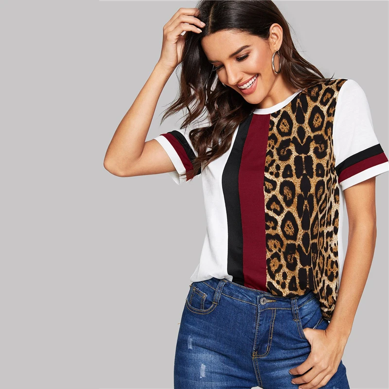 SHEIN Цвет блок вырезать и шить Леопардовый топ с декоративной полосой короткий рукав с О-образным вырезом Повседневное футболка Для женщин летней одежды для отдыха женская футболка, топы