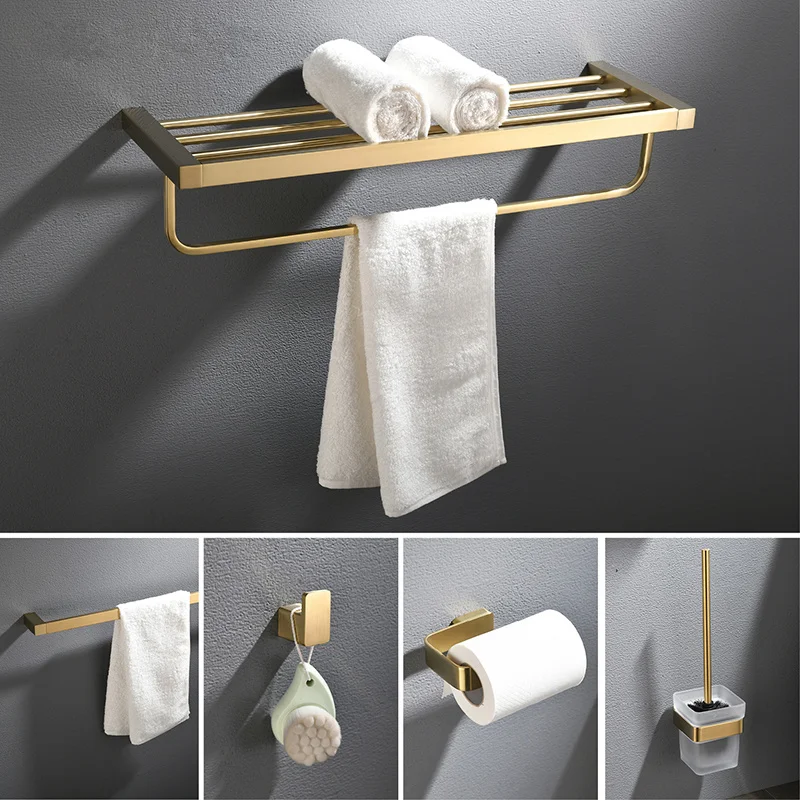 Матовый золотой набор аксессуаров для ванной комнаты, вешалка для полотенец, держатель для туалетной бумаги, вешалка для полотенец, крючок, мыльница, туалетная щетка - Цвет: 5 pcs