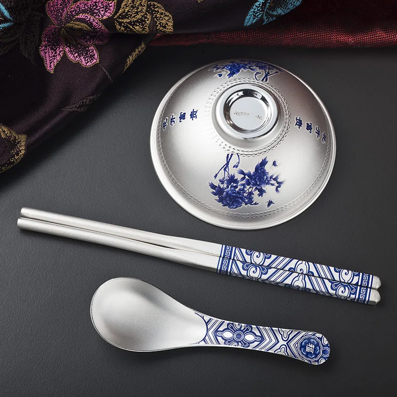 Серебряная миска с синим и белым драконом пионом серебряная ложка палочки для